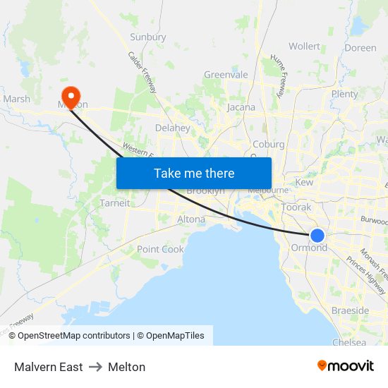 Malvern East to Melton map