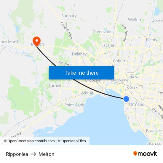 Ripponlea to Melton map