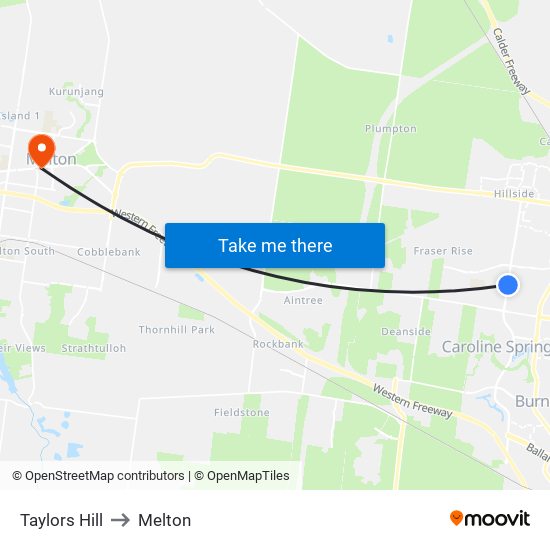 Taylors Hill to Melton map