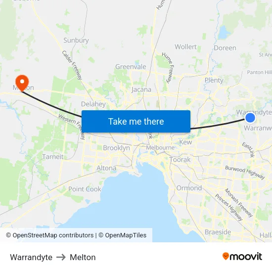 Warrandyte to Melton map