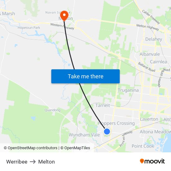 Werribee to Melton map