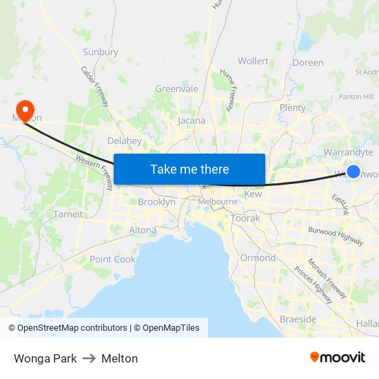 Wonga Park to Melton map