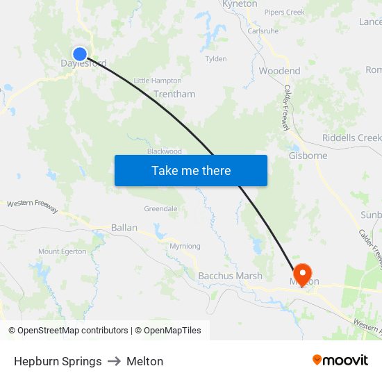 Hepburn Springs to Melton map