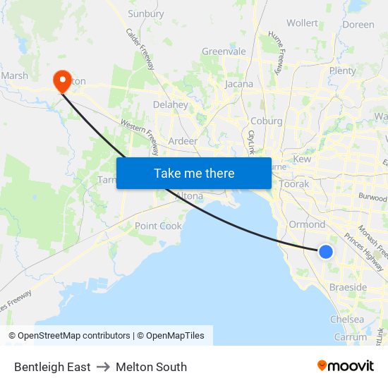 Bentleigh East to Melton South map