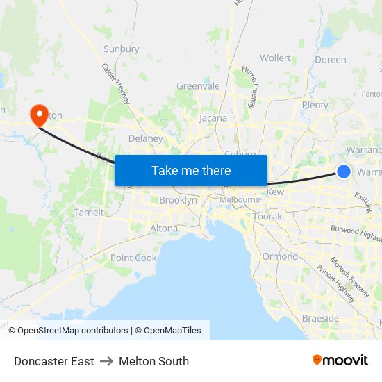 Doncaster East to Melton South map