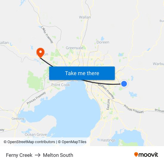 Ferny Creek to Melton South map