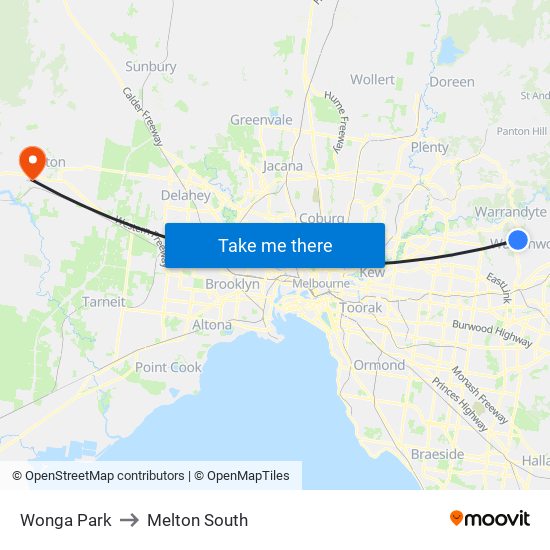 Wonga Park to Melton South map