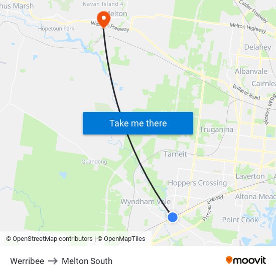 Werribee to Melton South map