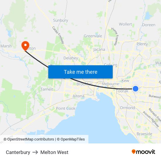 Canterbury to Melton West map