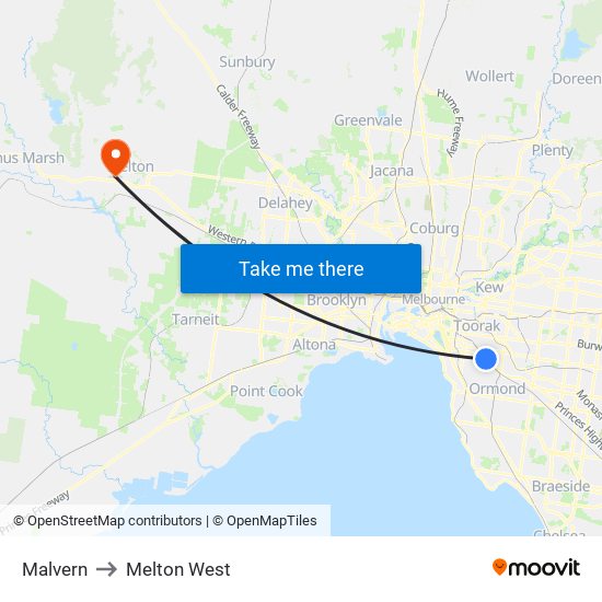 Malvern to Melton West map