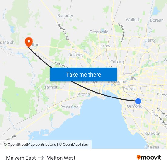 Malvern East to Melton West map