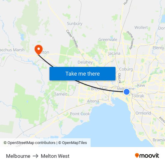 Melbourne to Melton West map