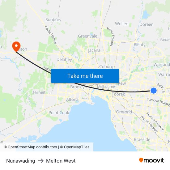 Nunawading to Melton West map