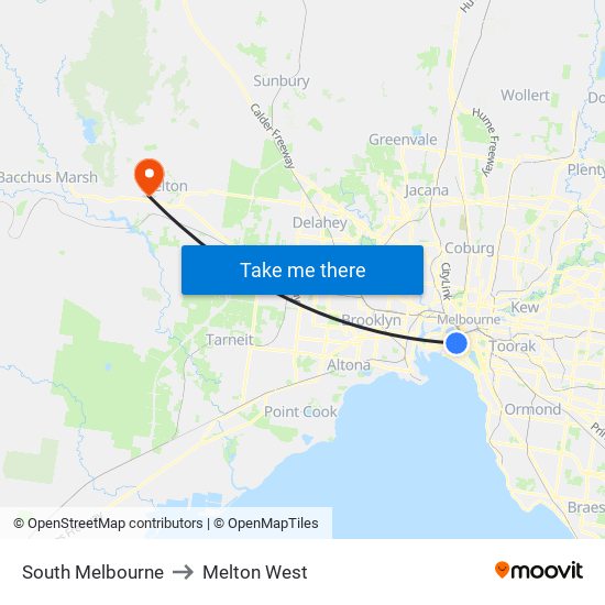 South Melbourne to Melton West map
