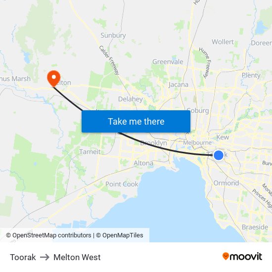 Toorak to Melton West map