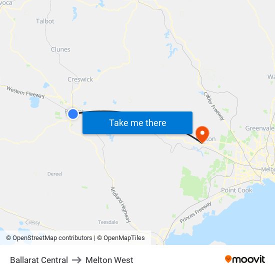 Ballarat Central to Melton West map