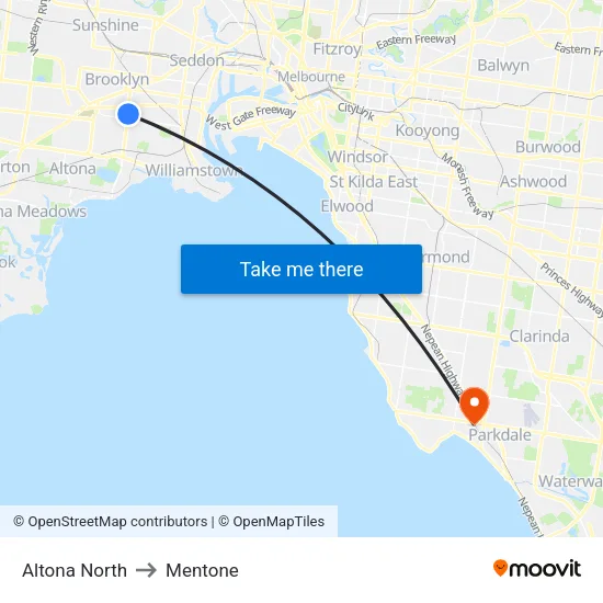 Altona North to Mentone map