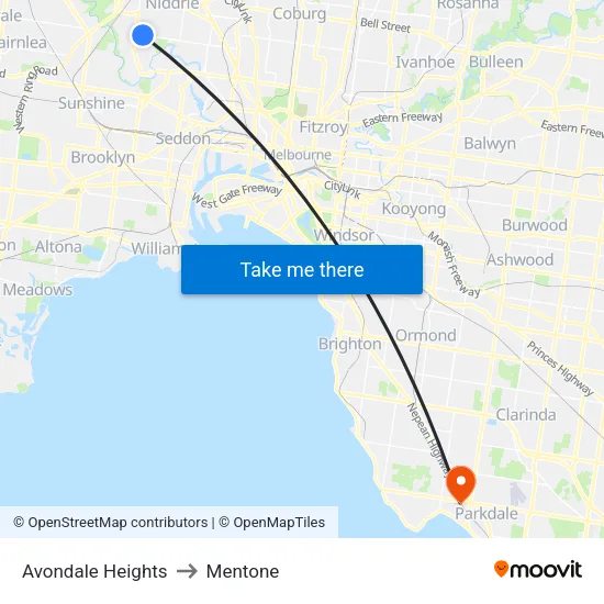 Avondale Heights to Mentone map