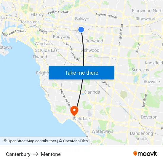 Canterbury to Mentone map
