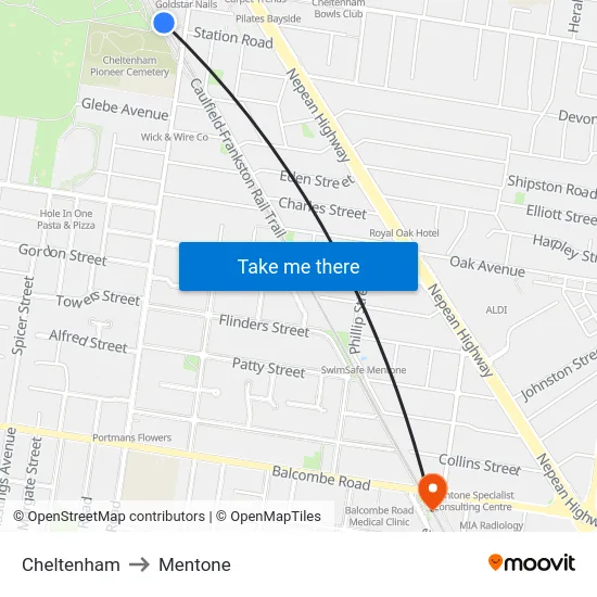 Cheltenham to Mentone map