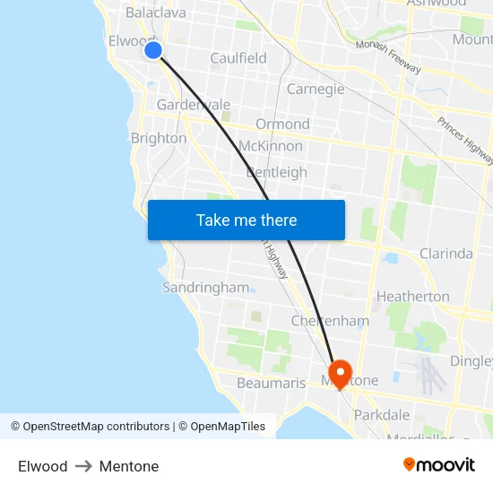 Elwood to Mentone map