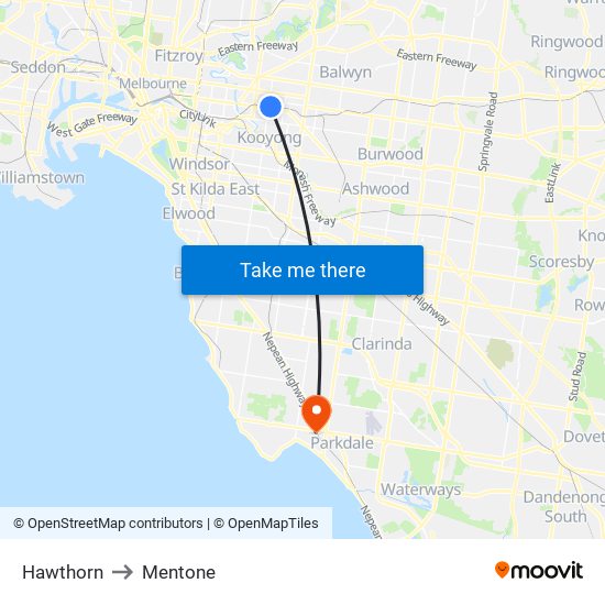 Hawthorn to Mentone map