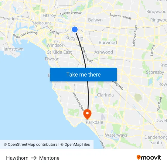 Hawthorn to Mentone map
