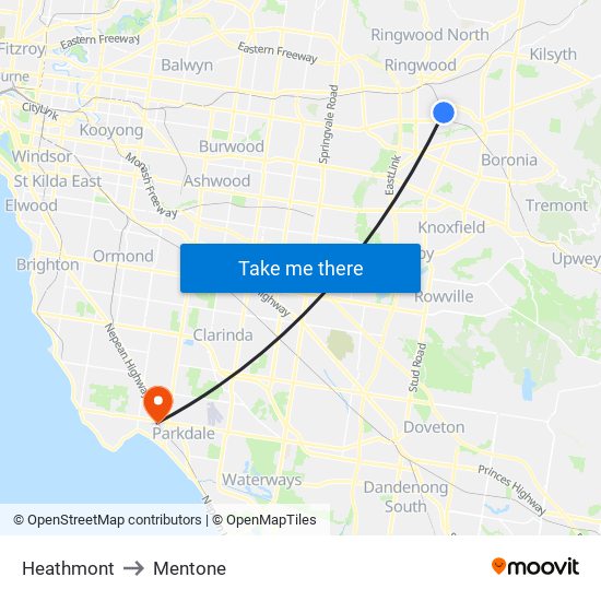 Heathmont to Mentone map