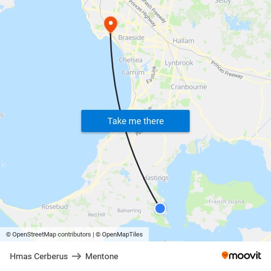 Hmas Cerberus to Mentone map