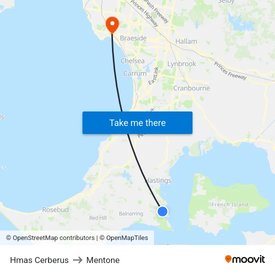 Hmas Cerberus to Mentone map