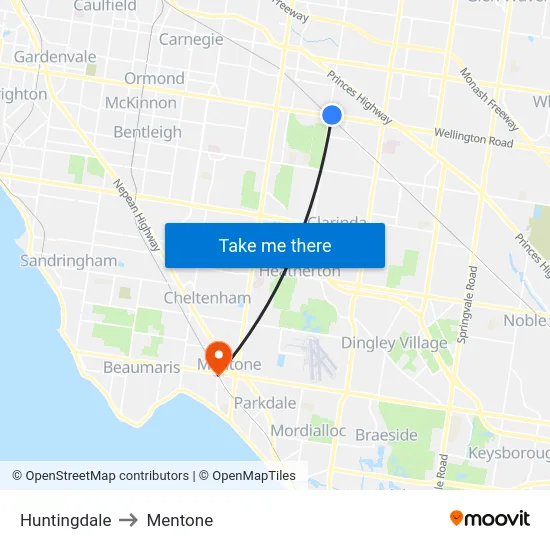 Huntingdale to Mentone map