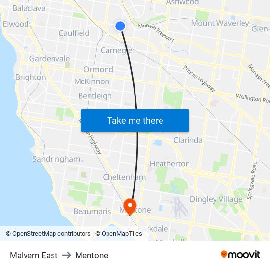 Malvern East to Mentone map