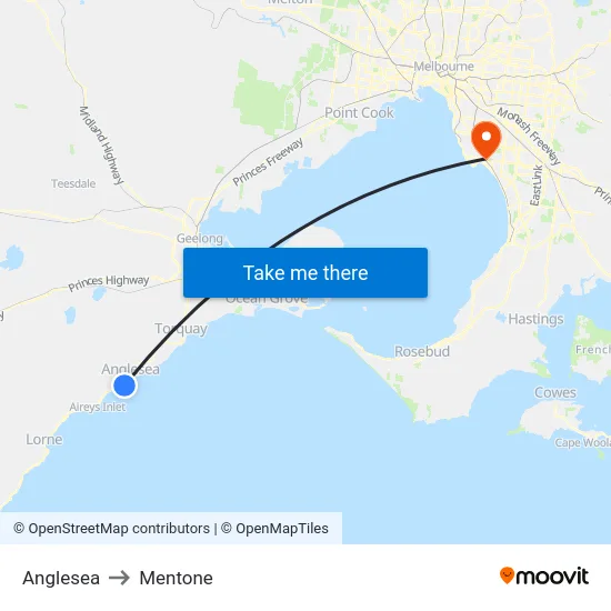 Anglesea to Mentone map