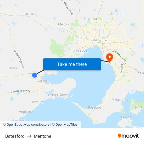 Batesford to Mentone map