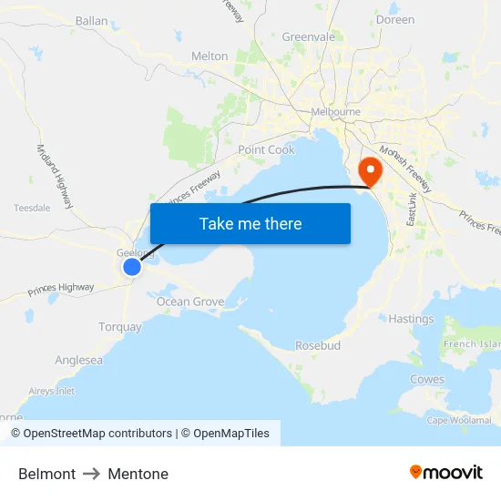 Belmont to Mentone map