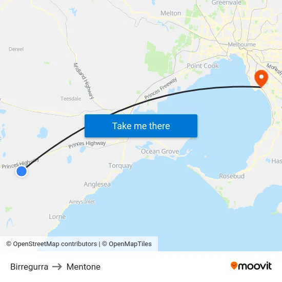 Birregurra to Mentone map