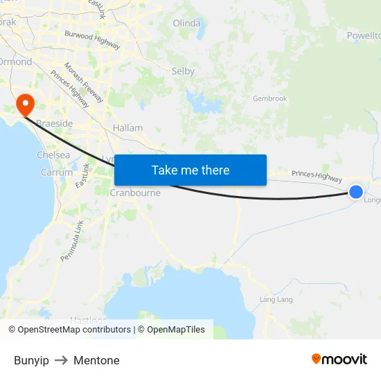 Bunyip to Mentone map