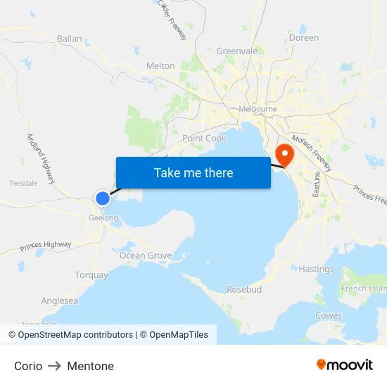 Corio to Mentone map