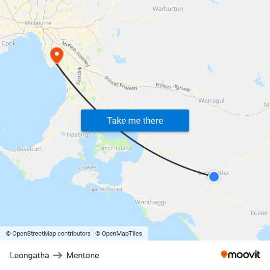 Leongatha to Mentone map