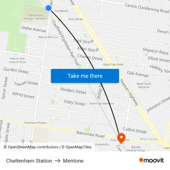Cheltenham Station to Mentone map