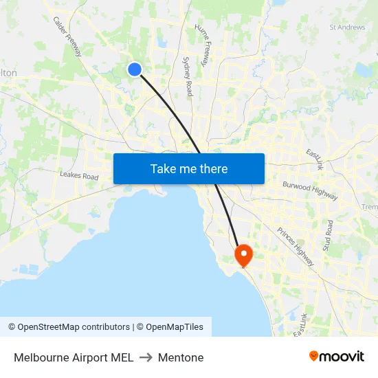 Melbourne Airport MEL to Mentone map
