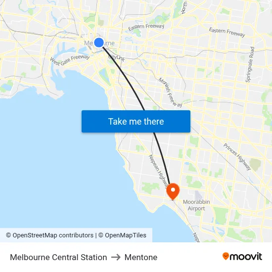 Melbourne Central Station to Mentone map
