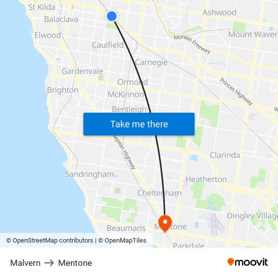 Malvern to Mentone map