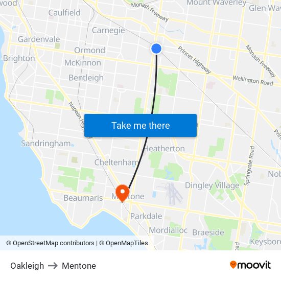 Oakleigh to Mentone map