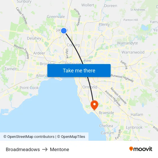 Broadmeadows to Mentone map