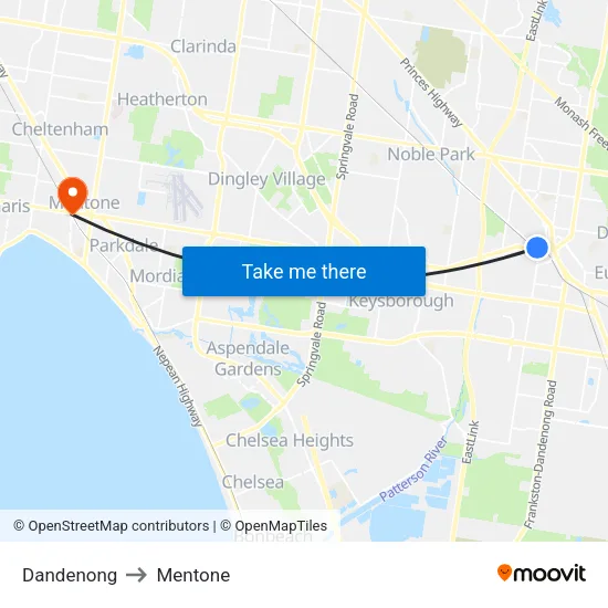 Dandenong to Mentone map