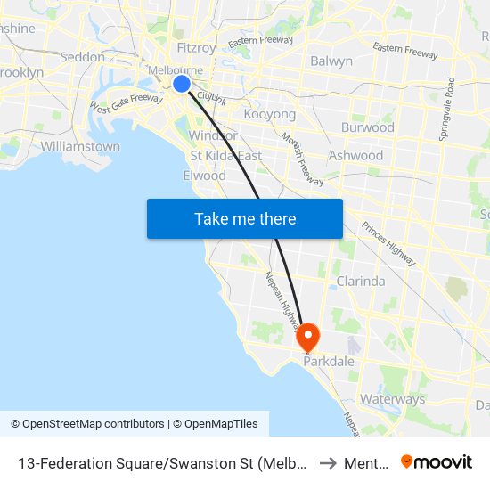 13-Federation Square/Swanston St (Melbourne City) to Mentone map