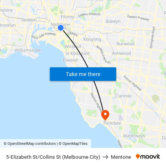 5-Elizabeth St/Collins St (Melbourne City) to Mentone map
