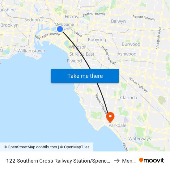 122-Southern Cross Railway Station/Spencer St (Melbourne City) to Mentone map