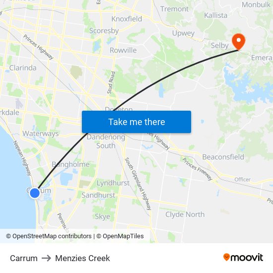 Carrum to Menzies Creek map